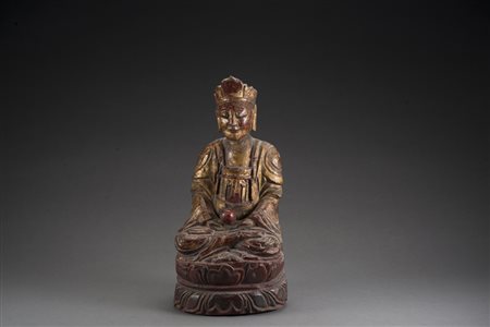 Buddha seduto su fiore di loto in legno dorato e laccato (difetti e mancanze)...