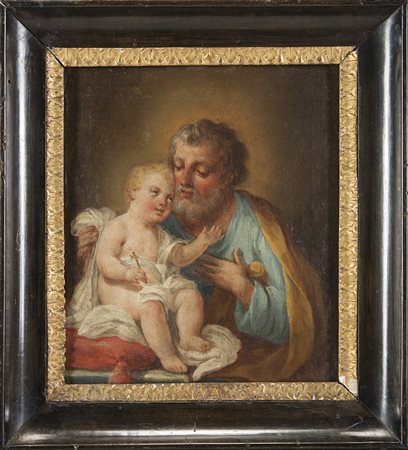 Scuola del sec. XVIII "San Giuseppe con Bambino" olio su tela (cm 20 x 28) In...