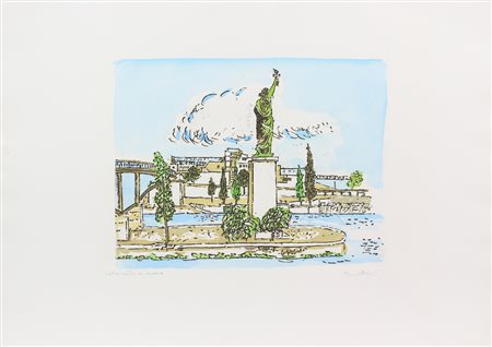 Orfeo Tamburi, New York, incisione su carta colorata a mano, cm. 50x70...