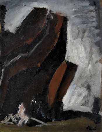 SIRONI MARIO Sassari 1885 - Milano 1961 Figura sotto la roccia (1950) olio su...