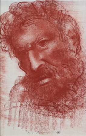 Pietro Annigoni, Volto, sanguigna su carta, cm. 29x19, firmata in basso al...