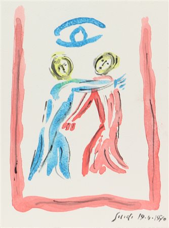 Virgilio Guidi, Incontro, 1970, acquerello su cartoncino, cm. 20,5x15,...