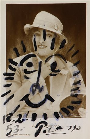 Pablo Picasso, Senza titolo, 1953, china su cartolina, cm. 14x9, firmata e...