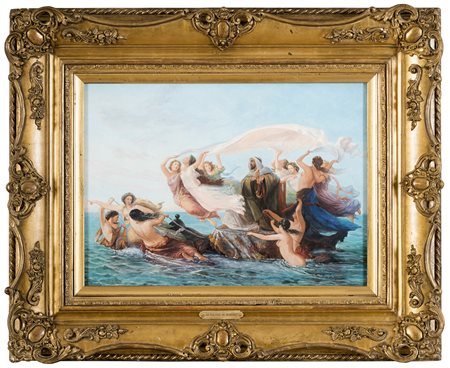 PITTORE ORIENTALISTA XIX SECOLO Barca con figure - Tempera su cartone cm 46 x...