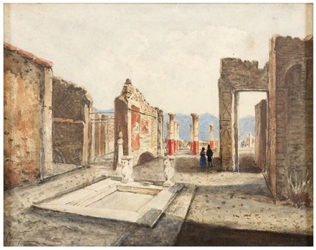 ETTORE FORTI Italia 1880 - 1920 Veduta di Pompei Acquerello su carta cm 26 x...