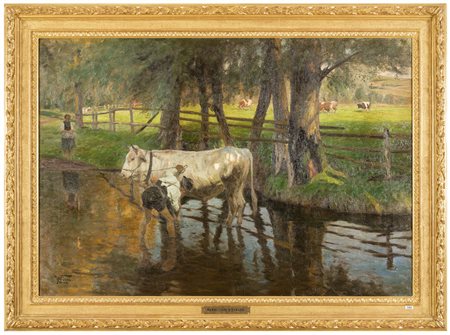 MARIO VIANI D'OVRANO Torino 1862 - 1922 Paesaggio con contadino e vacche Olio...