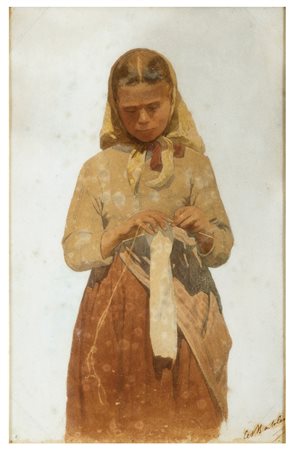 CESARE BARTOLENA Livorno 1830 - 1903 Donna che fa la maglia Tempera su...