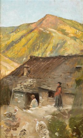 CESARE CIANI Firenze 1854 - 1925 Paesaggio con casolare e contadine Olio su...