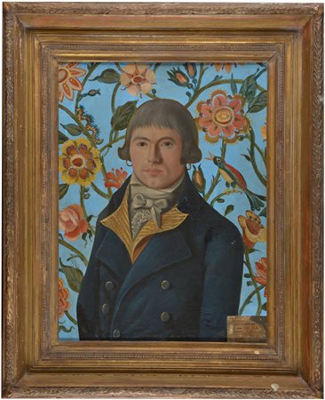 Ignoto "Ritratto maschile con fiori e volatili sullo sfondo" olio su tela...