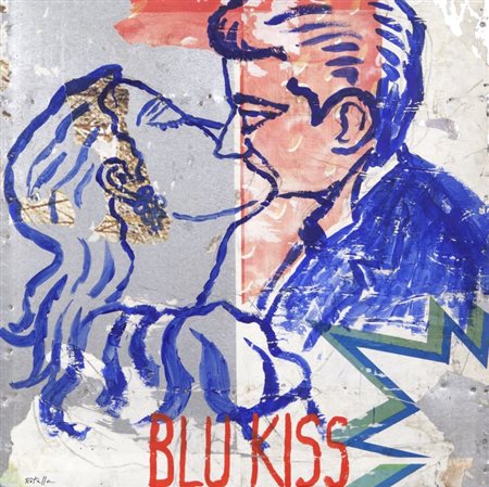 MIMMO ROTELLA (1918-2006) Blu Kiss 1994décollage su lamiera cm 100x100firmato...