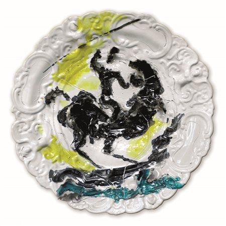 LUCIO FONTANA Guerriero a cavallo 1948-1950 Ceramica colorata 56 cm ø L’opera...