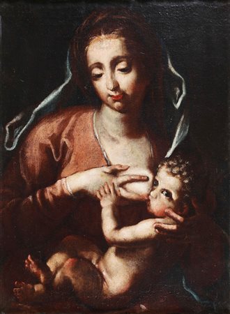 ARTISTA GENOVESE DEL XVII SECOLO Madonna con bambino. Olio su tela. Cm 49,00...