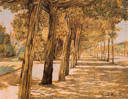 Gino Romiti Livorno 1881 – 1967 VIALE ALBERATO olio su tavola, cm 23x31....