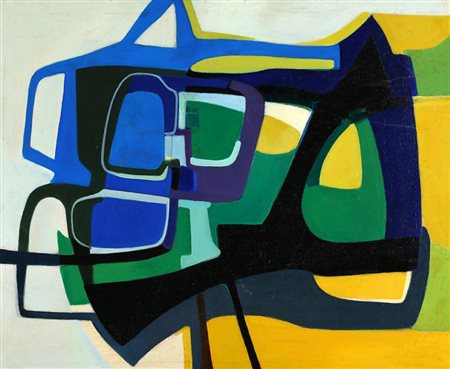 RODOLFO COSTA, 1925 - 2001, Composizione in giallo e blu, 1953, Olio su tela,...