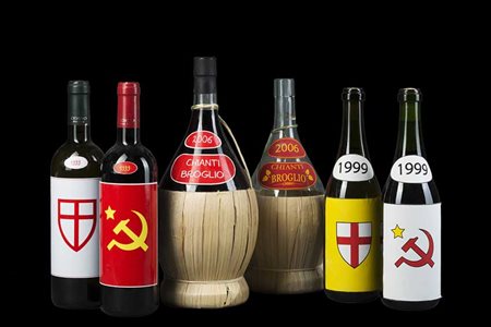 "Le annate e i fiaschi dei partiti" sei bottiglie con etichette personalizzate