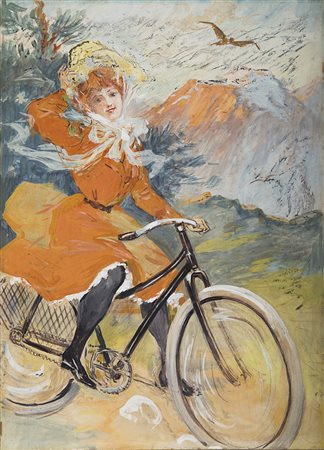 Jules Cheret (Parigi 1836 - Nizza 1935) - "Jeune femme en velo" gouache su...