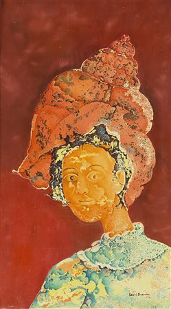 Sakti Burman (Calcutta 1935) - "La conchiglia" 1973 olio su tela, cm 46x27...