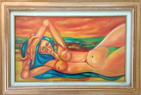 Gianbar "Nudo ecologico" olio su tela incollata su tavola cm 45x65,5 opera...