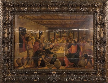 Scuola veneta sec. XVI "Le nozze di Canaa" olio su tavola palchettata,...