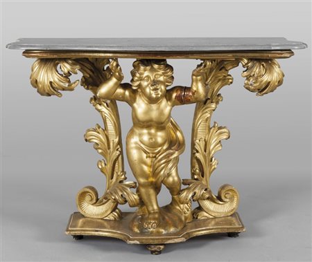 Console Luigi XIV in legno intagliato e dorato con putto reggipiano, Roma...