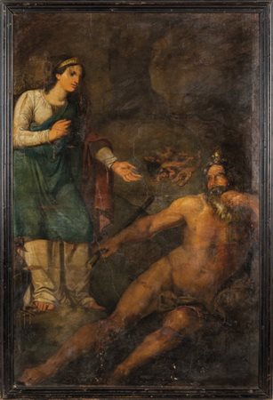 Scuola emilianainizi sec.XIX "Scena mitologica" dipinto su setacm. 109x162
