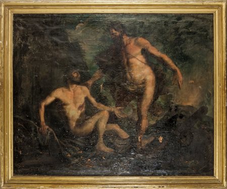 Scuola italiana sec.XVII "Scena biblicha con due figure" olio, cornice coeva...