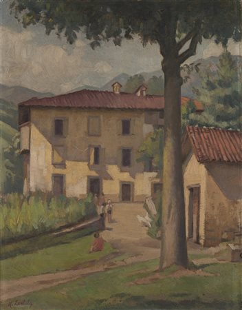 Marius Ledda (Cagliari 1880 - Roma 1965) "Scorcio con case e figure" olio su...