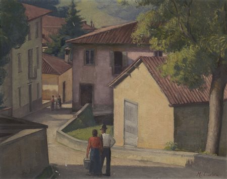Marius Ledda (Cagliari 1880 - Roma 1965) "Vicolo di paese con figure" olio su...