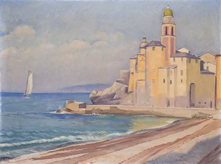 Marius Ledda (Cagliari 1880 - Roma 1965) "Paesaggio costiero con chiesa e...