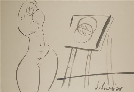 Riccardo Schweizer (1925-2004) Nudo con cavalletto firma in basso a destra...