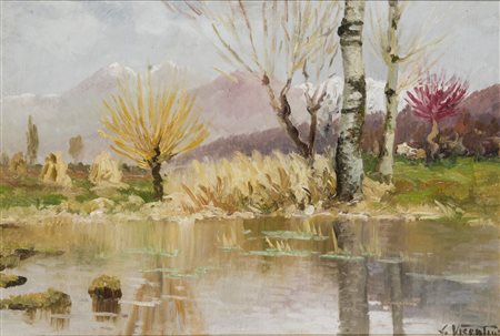 Luigi Vicentini (1901-1970) Paesaggio lacustre firma in basso a destra olio...