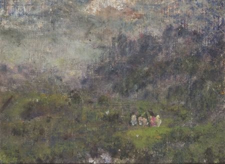 Giuseppe Angelico Dallabrida (1874-1959) Paesaggio con figure olio su tavola...