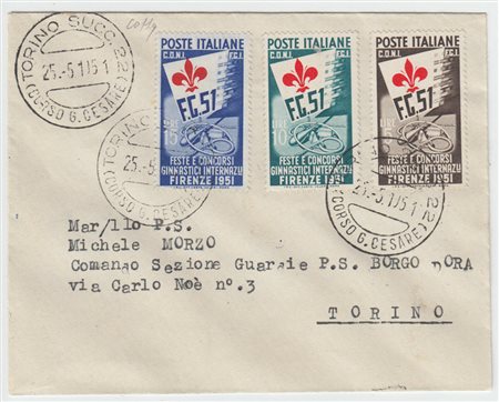 [REPUBBLICA] 1951 Giochi Ginnici usati su busta da Torino per citt‡, 15 lire...