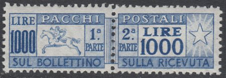 [REPUBBLICA] 1954 Pacchi postali, 1000 lire filigrana ruota, "Cavallino". D....