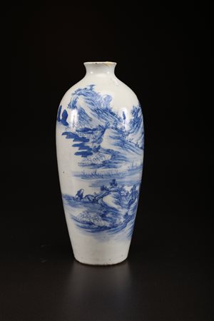 Arte Cinese Vaso in porcellana bleu de hue dipinto in blu con paesaggio e...