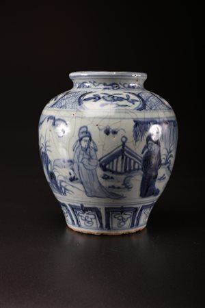 Arte Cinese Vaso in ceramica bianco/blu decorato con personaggi in esterno e...