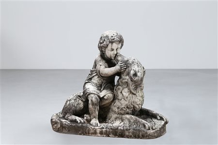MANIFATTURA ITALIANA DEL XIX SECOLO Bimbo con cane in marmo bianco. . Cm...