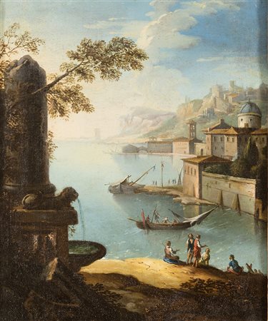 PITTORE ITALIANO XVIII SECOLO, Paesaggio costiero con figure, Olio su tela cm...