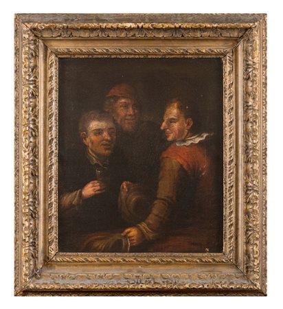 PITTORE FIAMMINGO XVIII SECOLO, Tre uomini, Olio su tela cm 35 x 29, Cornice...