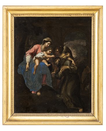PITTORE FRANCESE XVIII SECOLO, La Famiglia, Olio su vetro cm 35 x 28