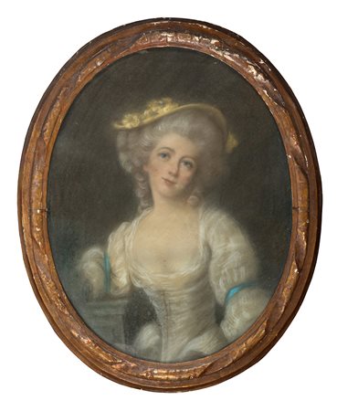 PITTORE ITALIANO XVIII SECOLO, Ritratto di donna con perle e tiara di fiori ,...