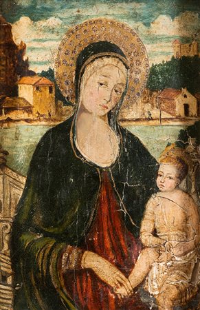 PITTORE ITALIANO XVI SECOLO, Madonna con bambino in paesaggio, Olio su tavola...