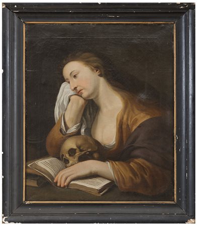 PITTORE XVIII SECOLO, Maddalena penitente con teschio e libro, Olio su tela...