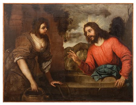 PITTORE VENETO XVII SECOLO, Donna al pozzo, Olio su tela cm 90 x 118,...
