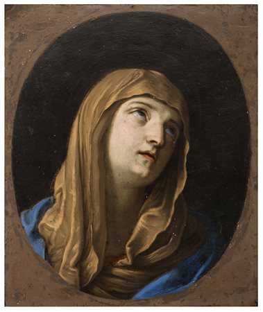 PITTORE BOLOGNESE FINE XVII SECOLO, Madonna, Dipinto ovale ad olio su rame...