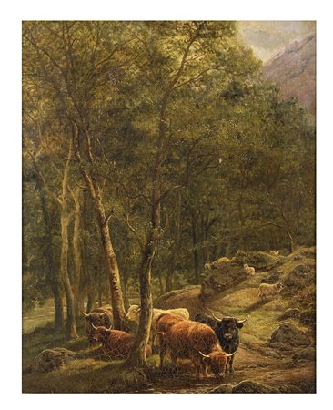 WILLIAM WATSON, Act 1866 - 1921, Mandria nel bosco, Olio su tela 53 x 43 cm,...