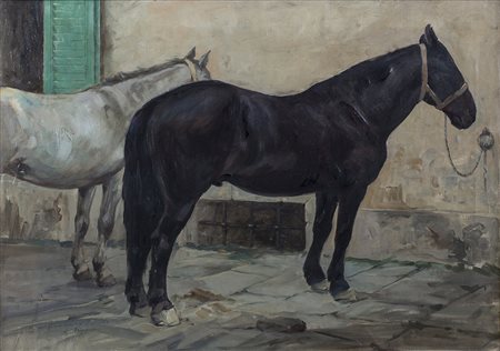 RUGGERO PANERAI (1862-1923)Cavalli in scuderia Olio su telaCm 50x70Firma e...