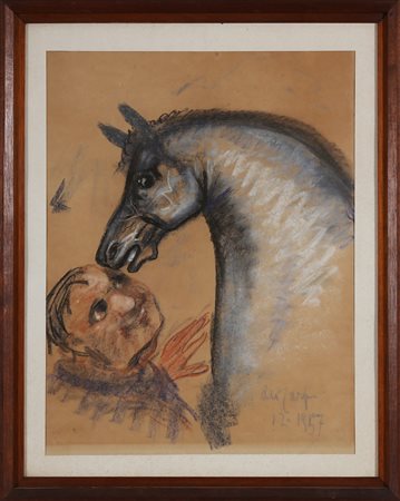 CARPI ALDO (1886 - 1973) Uomo e cavallo. . 1957. Tecnica mista su carta. Cm...