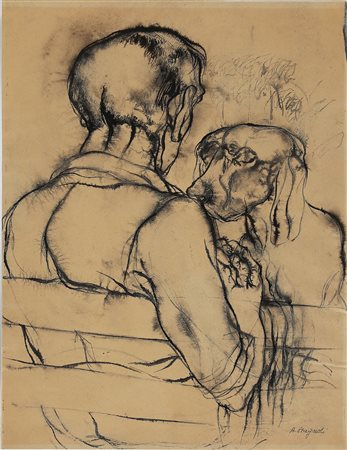 STAGNOLI ANTONIO (1922 - 2015) Ritratto di uomo con cane. . Tecnica mista su...