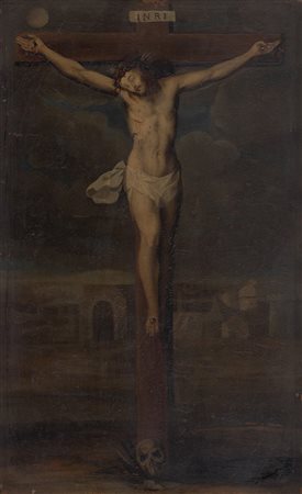 Pittore emiliano, Cristo in croce, fine XVI secolo. Olio su rame, 36 x 22 cm....